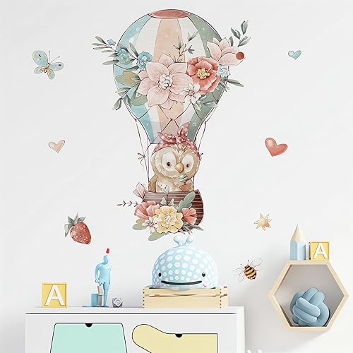 Calcomanías de pared de globo de aire caliente con diseño de búho bebé, diseño de mariposa, abeja, fresa, caricatura, animal, vinilo extraíble,