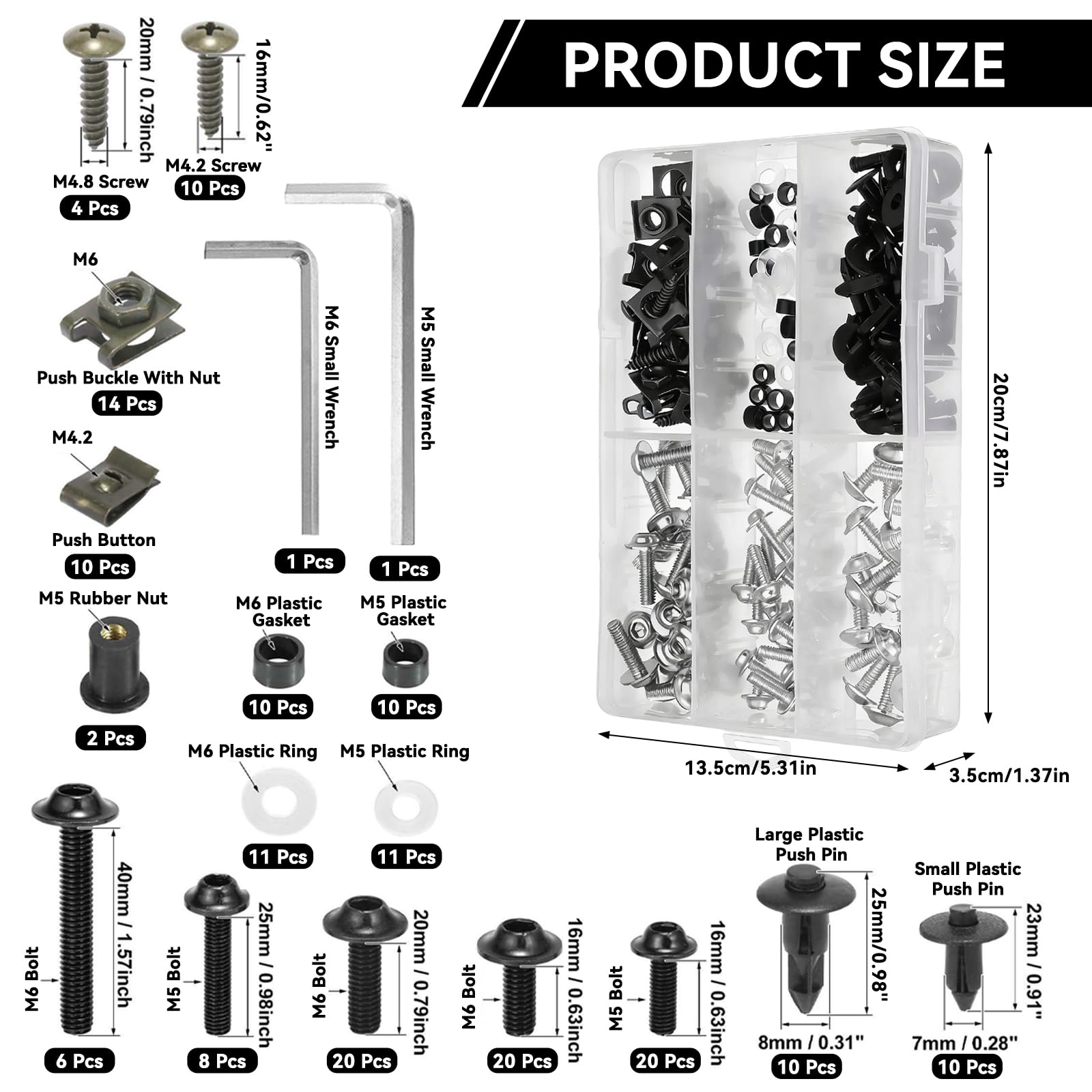 Kit Pernos Carenado Motocicleta, Juego 198 Piezas Tornillos M5 M6 Parabrisas Sujetadores Coloridos Aluminio para Montaje Carenas Motos