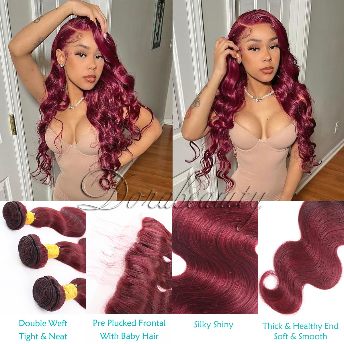 Brazilian Human Hair Burgundy Bundles with Lace Closure 4×4 Body Wave #99J Wine Red Free Part Pre Plucked Natural Hairline with Baby Hair 10+12 14 16 inch