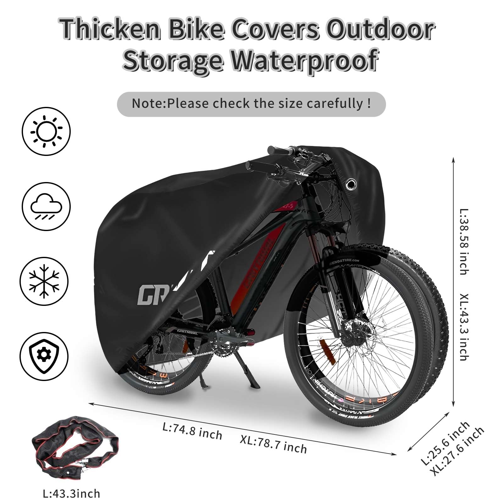 Fundas para bicicleta impermeables para almacenamiento al aire libre. Tiene tres colores y dos tamaños. La funda para bicicleta está equipada con un candado de cadena para portabicicletas