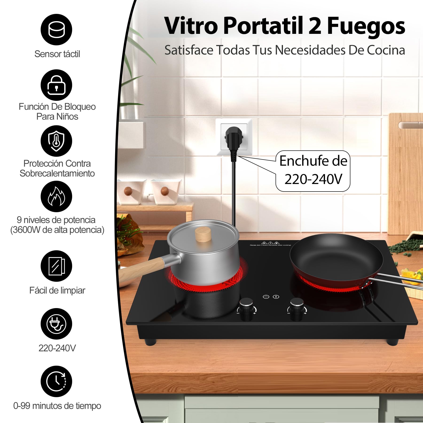 VBGKplaca vitroceramica,3600W vitrocerámica 2 fuegos，Placa calefactora de sobremesa y empotrable con bloqueo de seguridad para niños, temporizador, control mediante mando táctil LED.