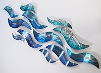 Vista 4 de Rip Tide" - Escultura moderna abstracta de metal grande para pared, paneles de metal, decoración de pintura azul y plata