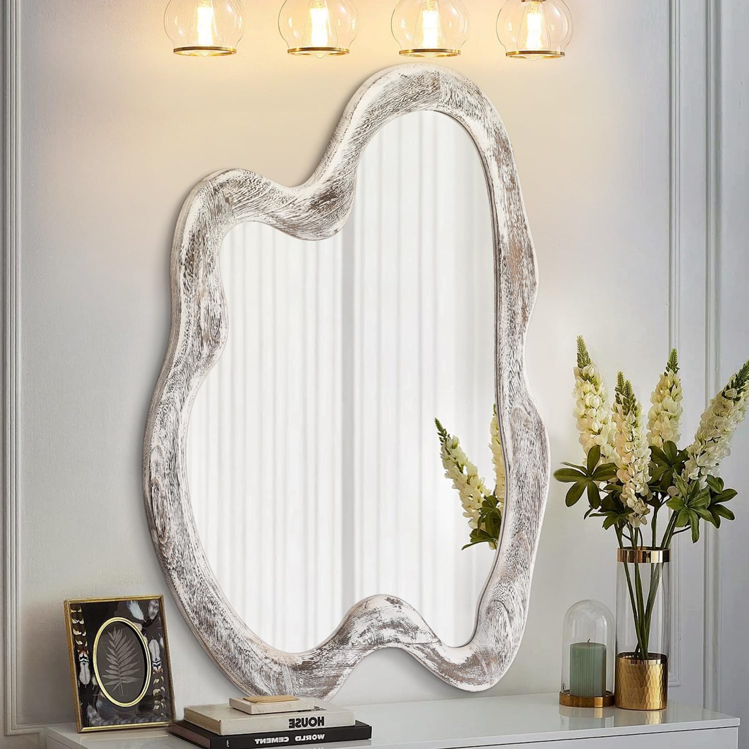 Grand miroir mural irrégulier blanc 61x41 cm en bois asymétrique pour entrée