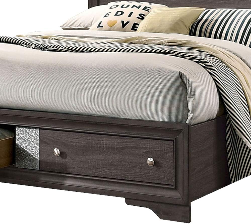 Close-up of the storage drawer on the Benzara Queen Bed