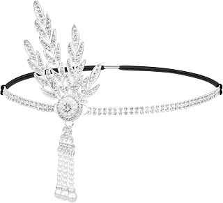 1920s Flapper Headband, Leaf Rhiestones Showgirl Headpiece Roaring 20s Gatsby Headpiece with Pearl Tassel 1920s Hair Accessories for Women(Silver)