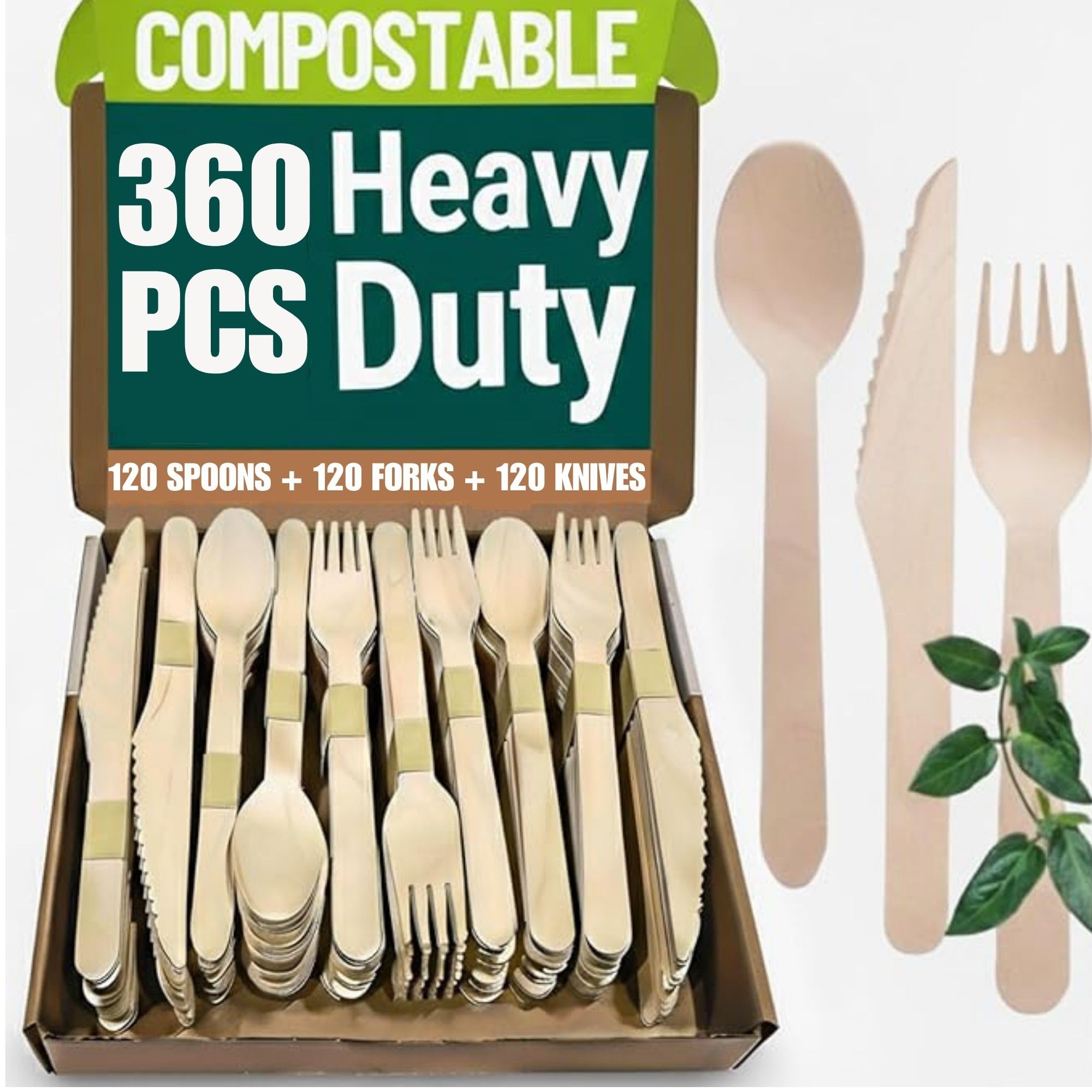 Wooden Cutlery Set Disposable - 360 PCS Wooden Compostable forks and Spoons with 120 Forks, 120 Spoons, and 120 Knives - Disposable Utensils Set for