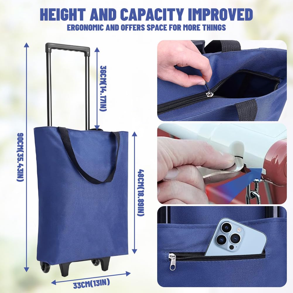 Einkaufstrolley Klappbar 30L, 2-in-1 Einkaufswagen Modern mit Tasche, Leichter Shopping Trolley bis 25kg für Camping, Reisen, Supermarkt (Blau)