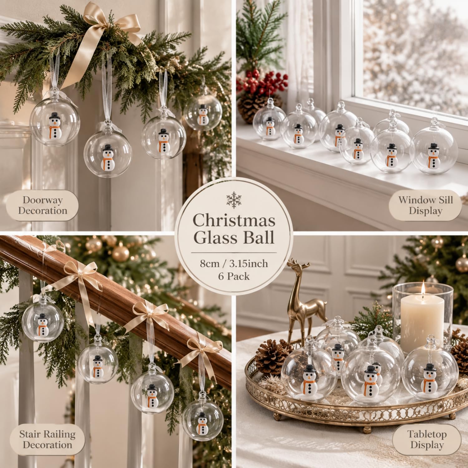 Tigeen Lot de 6 boules de Noël en verre - Cadeau de Noël - Bonhomme de | Décoration d'arbre transparente, icône 3D faite à la main, ruban prêt à accrocher, couronne d'arbre, décoration de fenêtre de