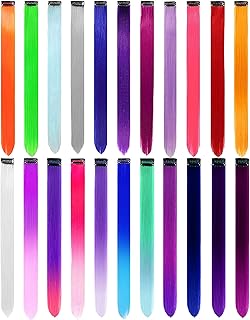 22 PCS Colored Hair Extensions, Olldag Multi-color Party Highlights Clip in Synthetic Neon Ombre Hair Extensions, Rainbow Hair Accessories for Girls Women Kids Doll Hair Pieces (22-inch Colorful)