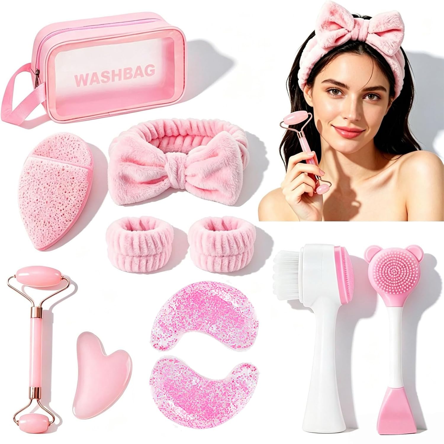 10PCS Facial Cleansing Brush Set with Face Scrubber, Cleansing Sponge, Mask Applicator, Gua Sha, Double Ended Face Roller, Reusable Gel Eye Patches, Complete Spa Skincare Tools Kit Gift for Women