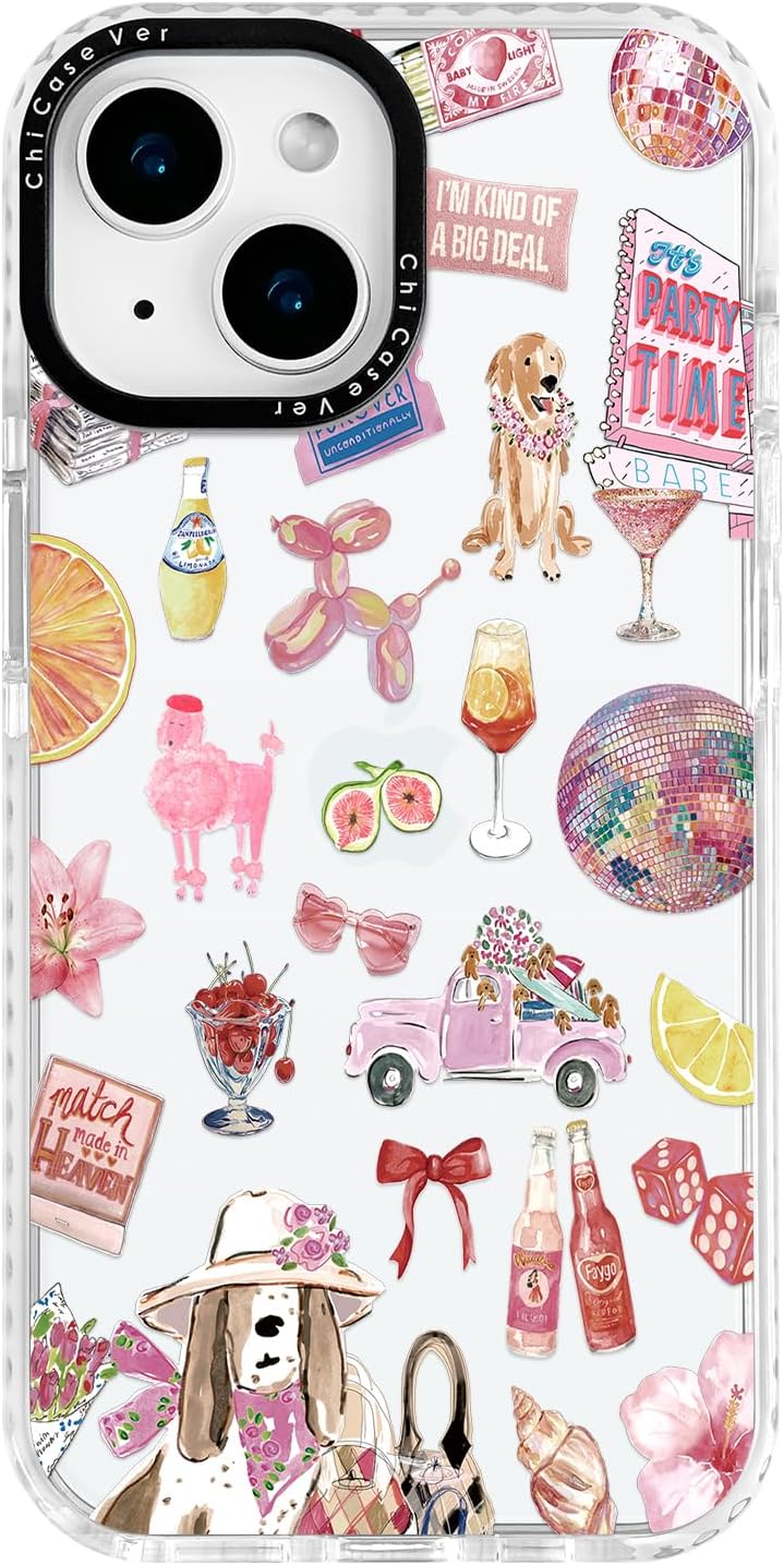 for iPhone 13 mini Case, Party Time Collage Pattern with Girly Pink Cocktails, Military-Grade Drop Protection, Girly Pink Soft Slim TPU Protective & Camera Protection for Women Girls iPhone 13 mini PinkPartyCut