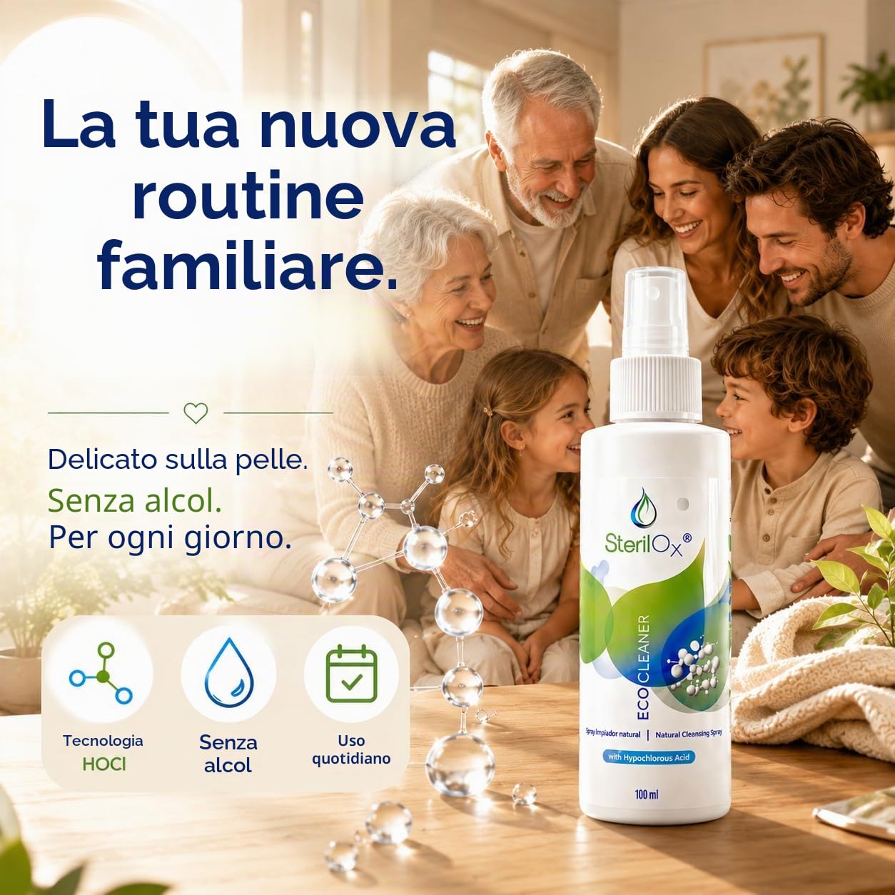 Spray 3 x 100 ml - Confezione cosmetica con acido ipocloroso | per mani, pelle e oggetti personali, sicuro per bambini e animali domestici, senza alcool e profumo