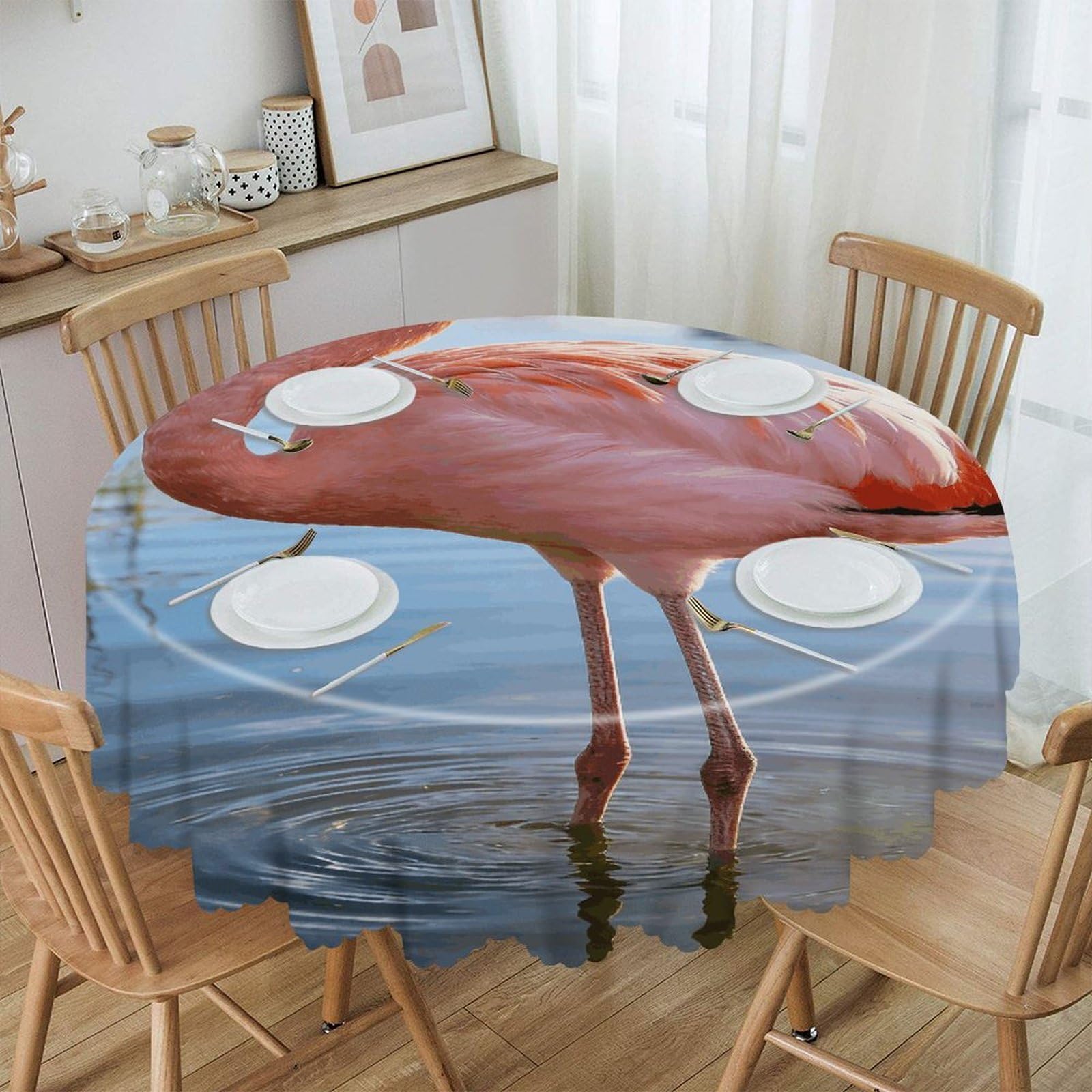 Khauerbc Style Elegant Flamingo With National Flag Round Tablecloths,Spill Proof,Polyester Fabric Washable Table Cloth Cover For Dining Wedding And Outdoor,Soft Toching And Easy Clean