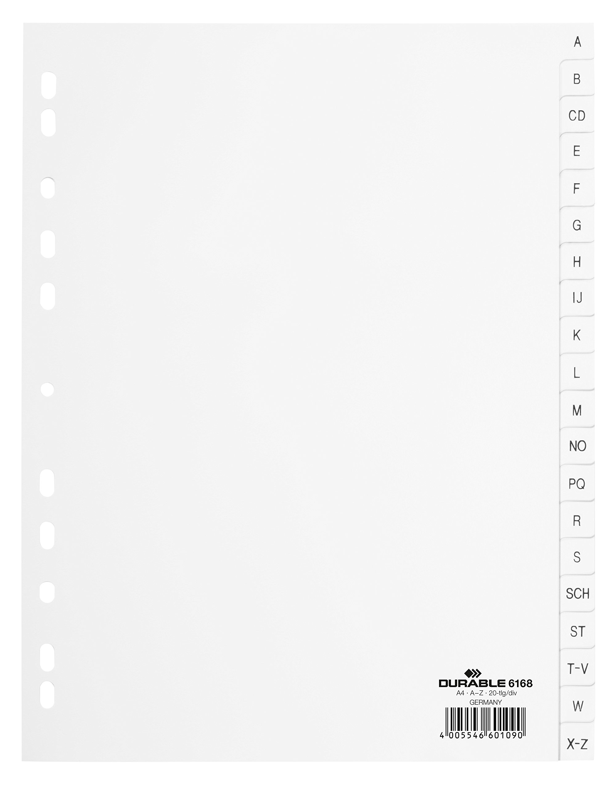 Durable 616802 - Divisorio con tasti prestampati A-Z, f.to A4 verticale, 20 tasti, foratura universale, bianco, 1 pezzi