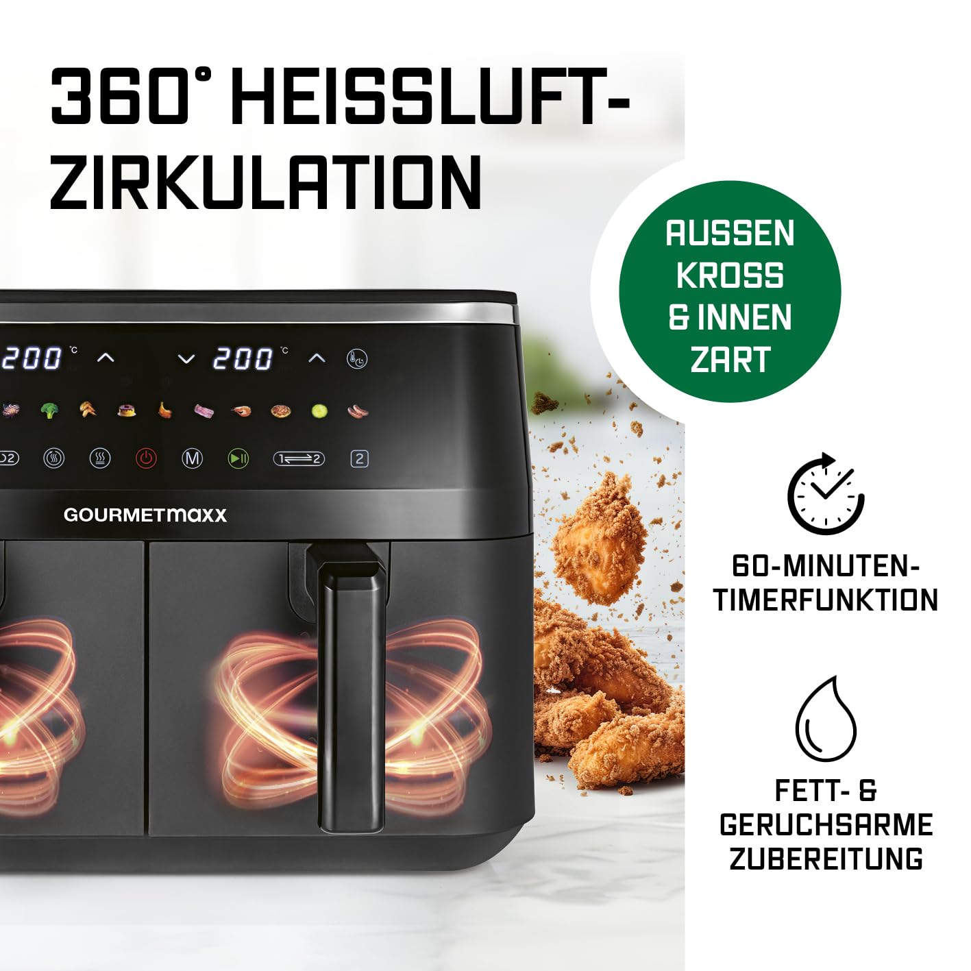 GOURMETmaxx Doppelkammer Heißluftfritteuse - 2 x 4,5 L | Synchro-Garzonen Airfryer | Fritteuse mit LED-Touchscreen, Farb-Icons | Heißluftfritteuse 2 Kammern mit 12 Programmen | fast ohne Öl frittieren