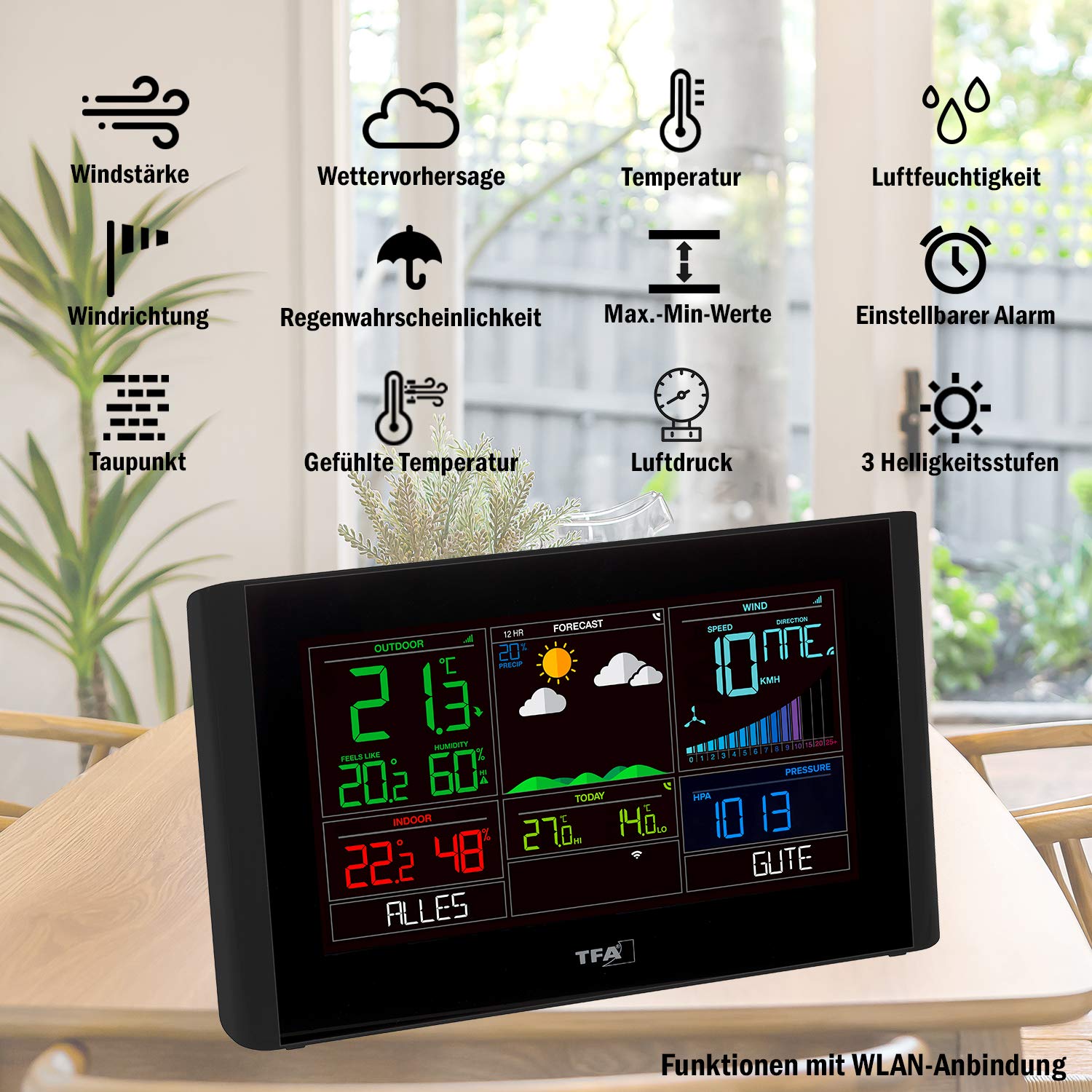 TFA Dostmann stazione meteo WLAN VIEW BREEZE, 35.8001.01, con indicatore del vento, previsioni meteo professionali, VIEW App gratuita, barometro, allarmi regolabili, punto di rugiada, nero