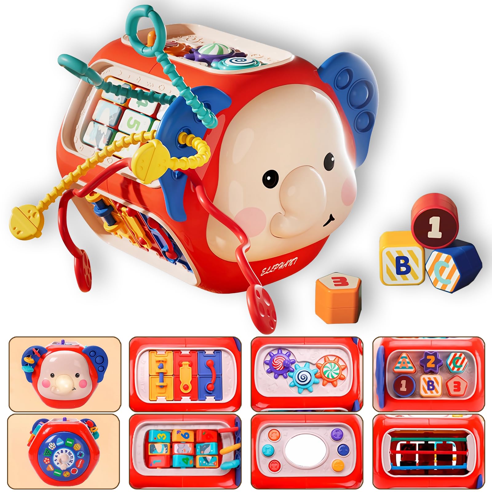 EYSOO 10 in 1 Montessori Toy Shape Sorting Toy Early Educational Toys Baby Activity Cube with Sound & Light Sensory Montessori Toy Pull String Toy Sensory Bin Elephant Toy for 3+ Boys Girls (Red)