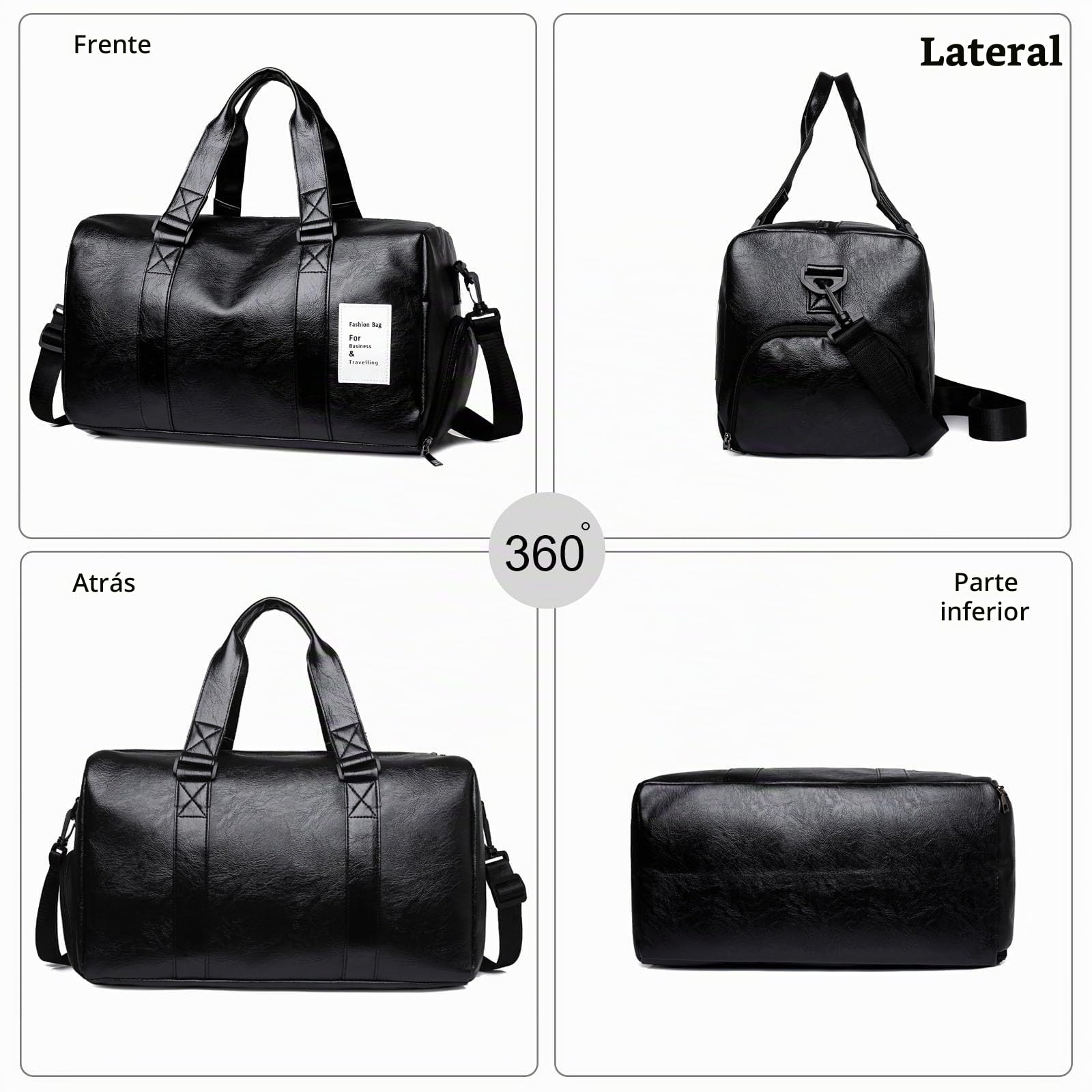 FANDARE Retro Bolsa de Viaje para Mujer Hombre Bolsa Deporte PU Cuero Bolso de hombro Bolsa de Mano Equipaje Bolsas de deporte Gimnasio con Zapato Compartimento Impermeable Bolso de Viaje Cabina Negro