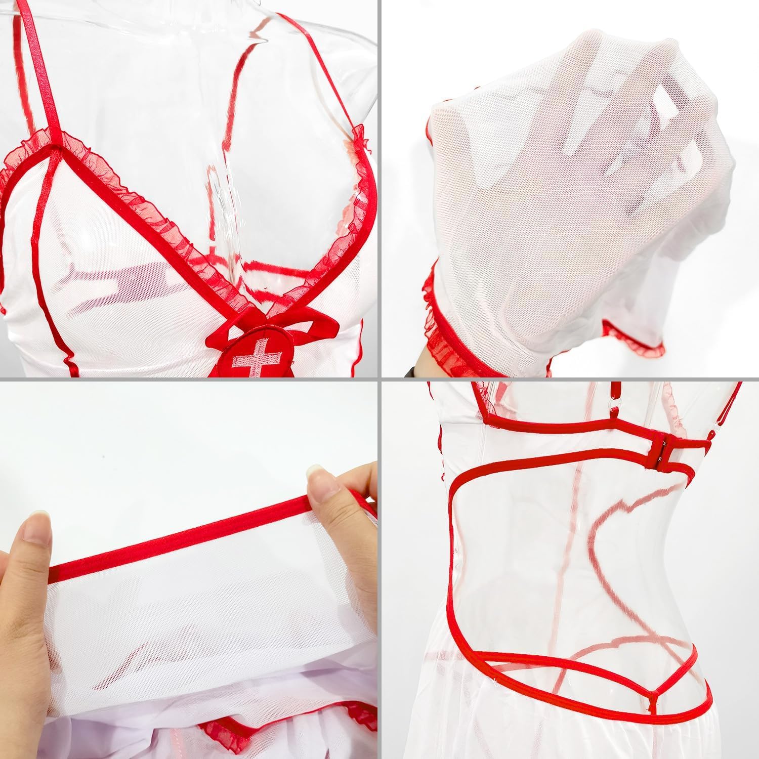 Sexy outfit Seksowny komplet bielizny niegrzeczna pielęgniarka przebranie na karnawał fantazyjna siatkowa sukienka Plus rozmiar Babydoll strój do odgrywania ról przezroczysta bielizna nocna z