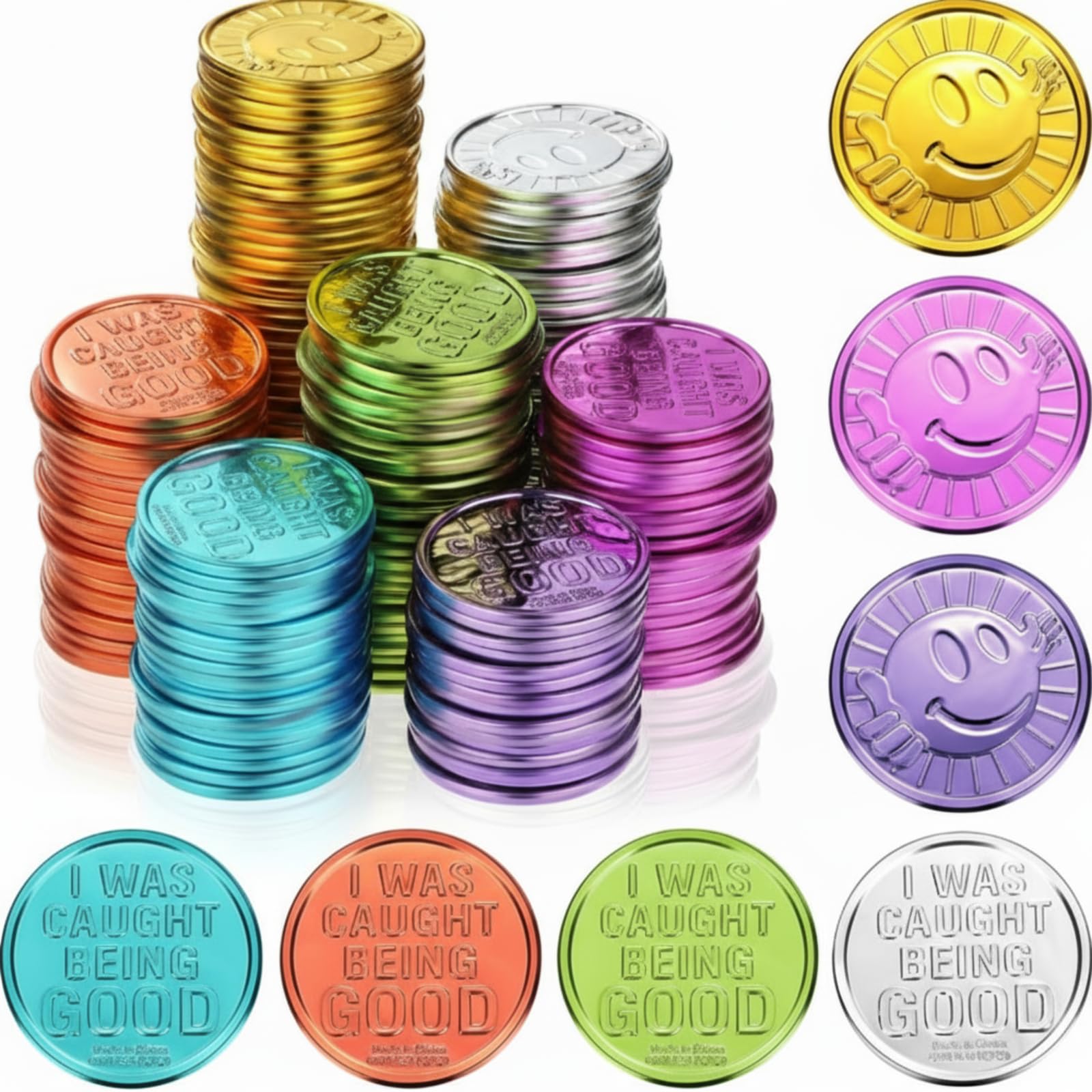 Civaner 100 Pcs Kids Caught Being Good Coins Smile Face Behavior Tokens Classroom Behavior Incentive Plastic Coins Gift Reward Tokens for School Student Prize Play Counting Party Supplies
