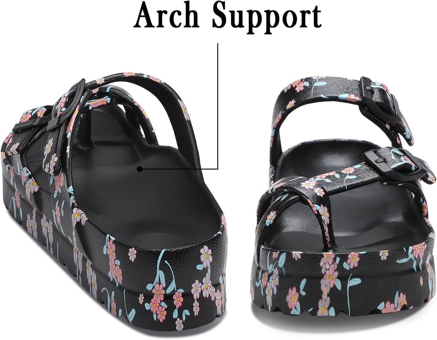TIKVAW Womens Arch Support Platform Sandals Comfort Slides Thick Soles Flat Sandals With Adjustable Buckle & Ultra Cushion