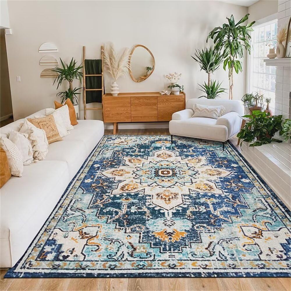 Tapis floral bleu 70x140 cm haut de gamme style classique salon