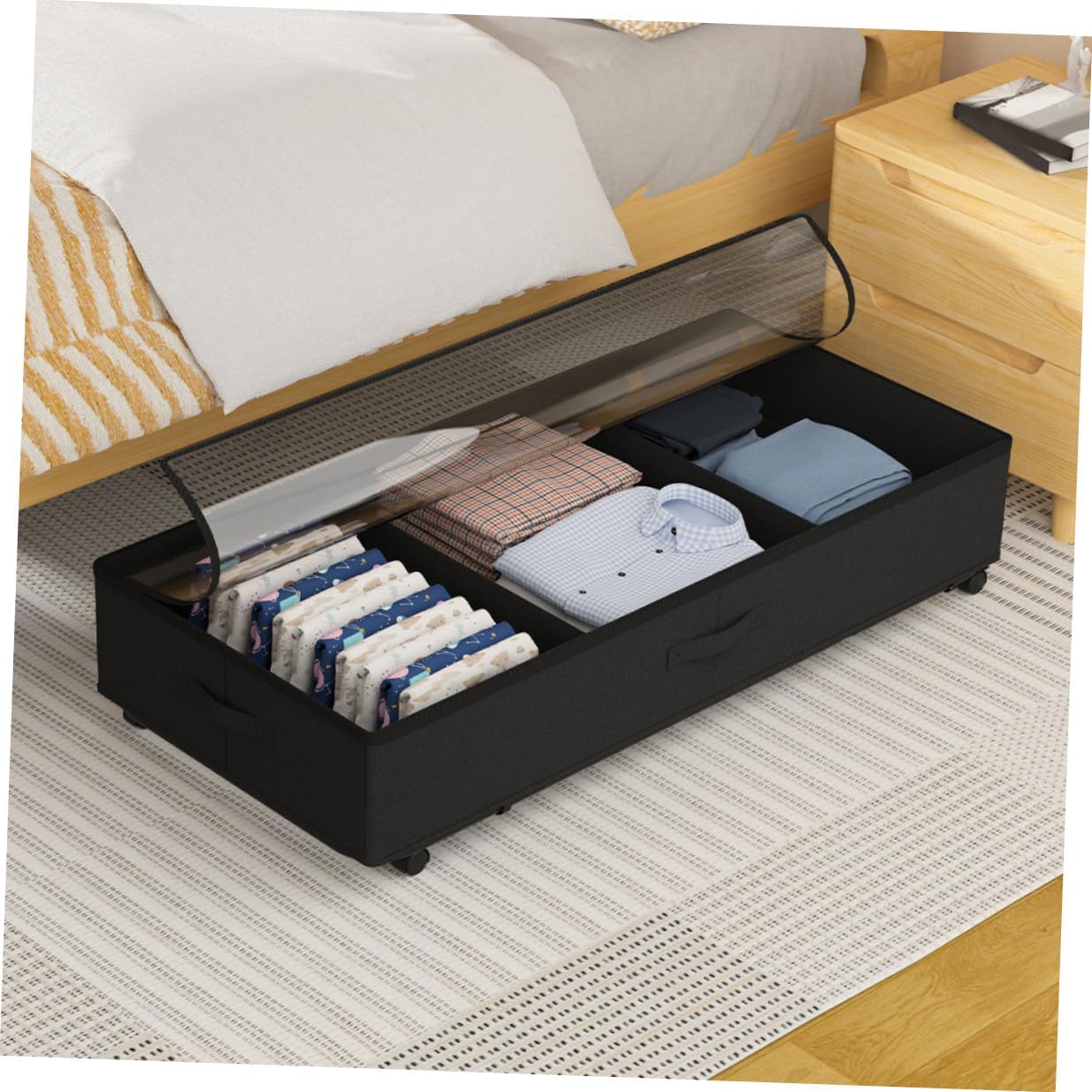Bed Storage Container with Wheels, Oxford Fabric 3-compartment Organizer Box, Large Capacity Clothes and Storage Bin, Dustproof Sliding Design for Bedroom