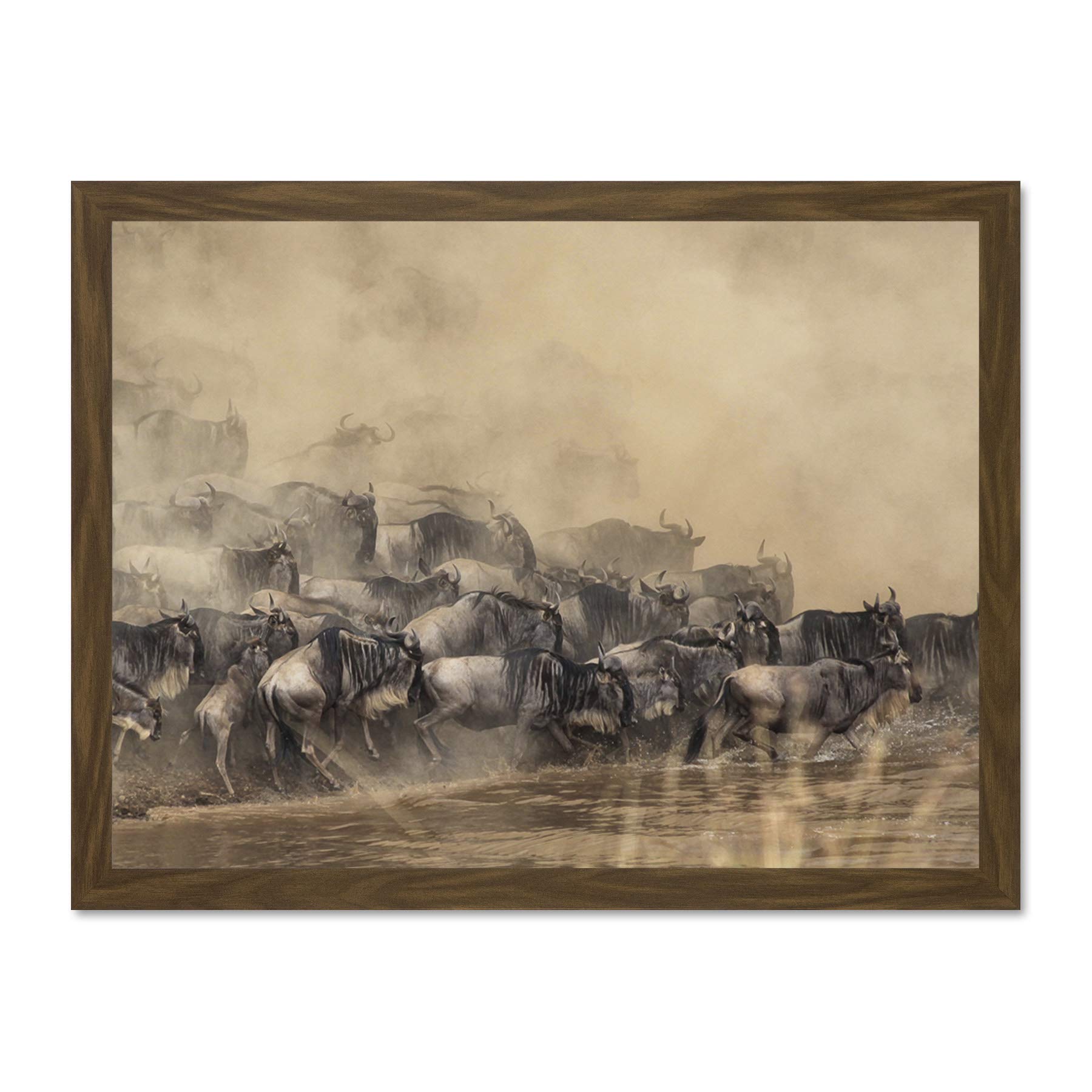 Wildebeest Antelope Herd Dust Large Framed Art Print Poster Wall Decor 18x24 inch
