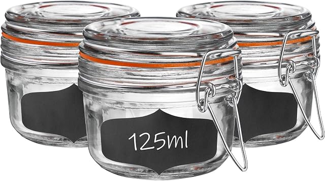 Argon Tableware 6x 125ml Clear Glass Storage Jars with Chalboard Labels Orange Airtight Silicone Seal and Metal Clip Lids - 4.2oz Small Empty Kitchen Food Containers
