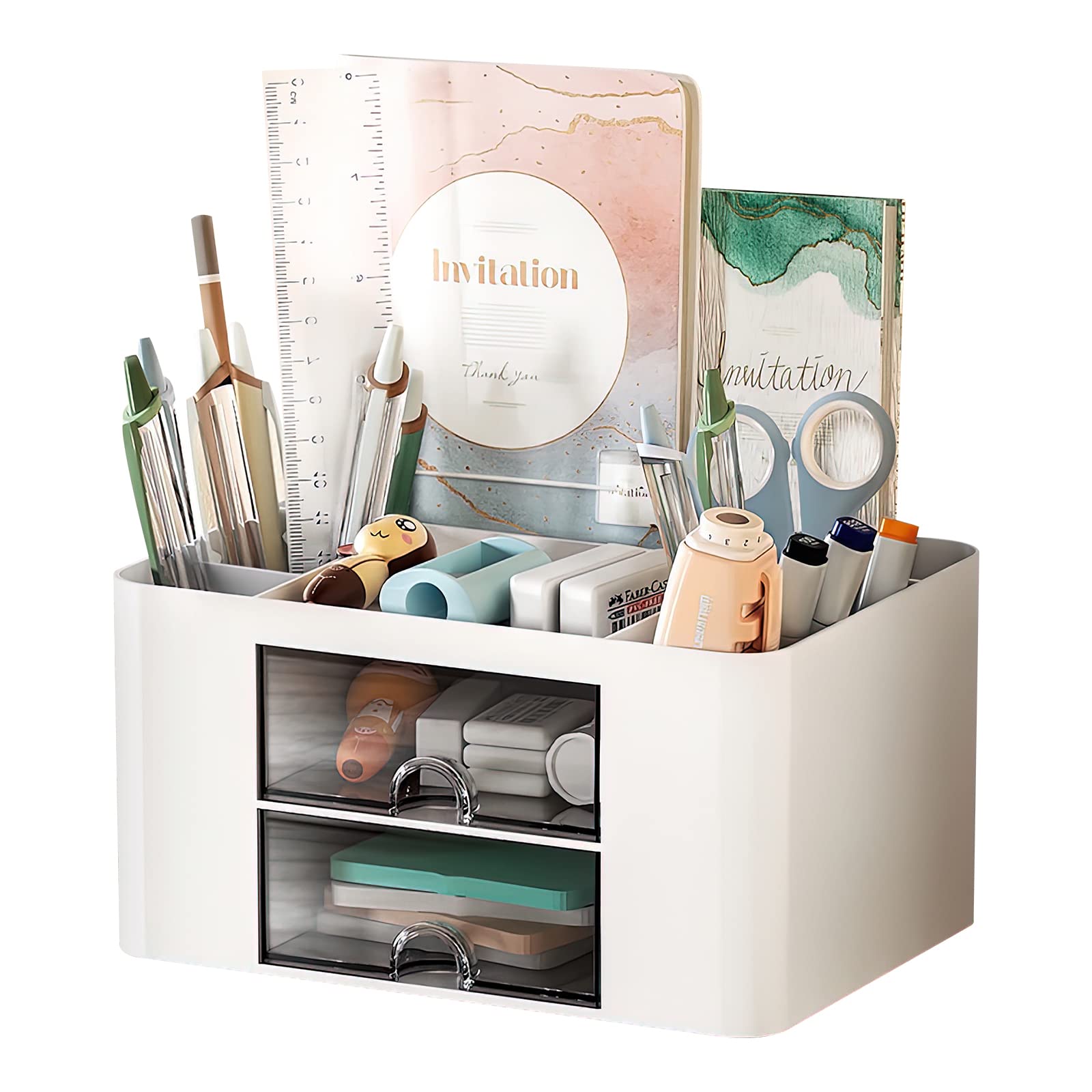 Organizer da Scrivania, Portaoggetti da Scrivania Organizzatore scrivania versatile con 5 scomparti & 2 Cassetti Trasparenti Portapenne multifunzionale per scuola, ufficio e casa