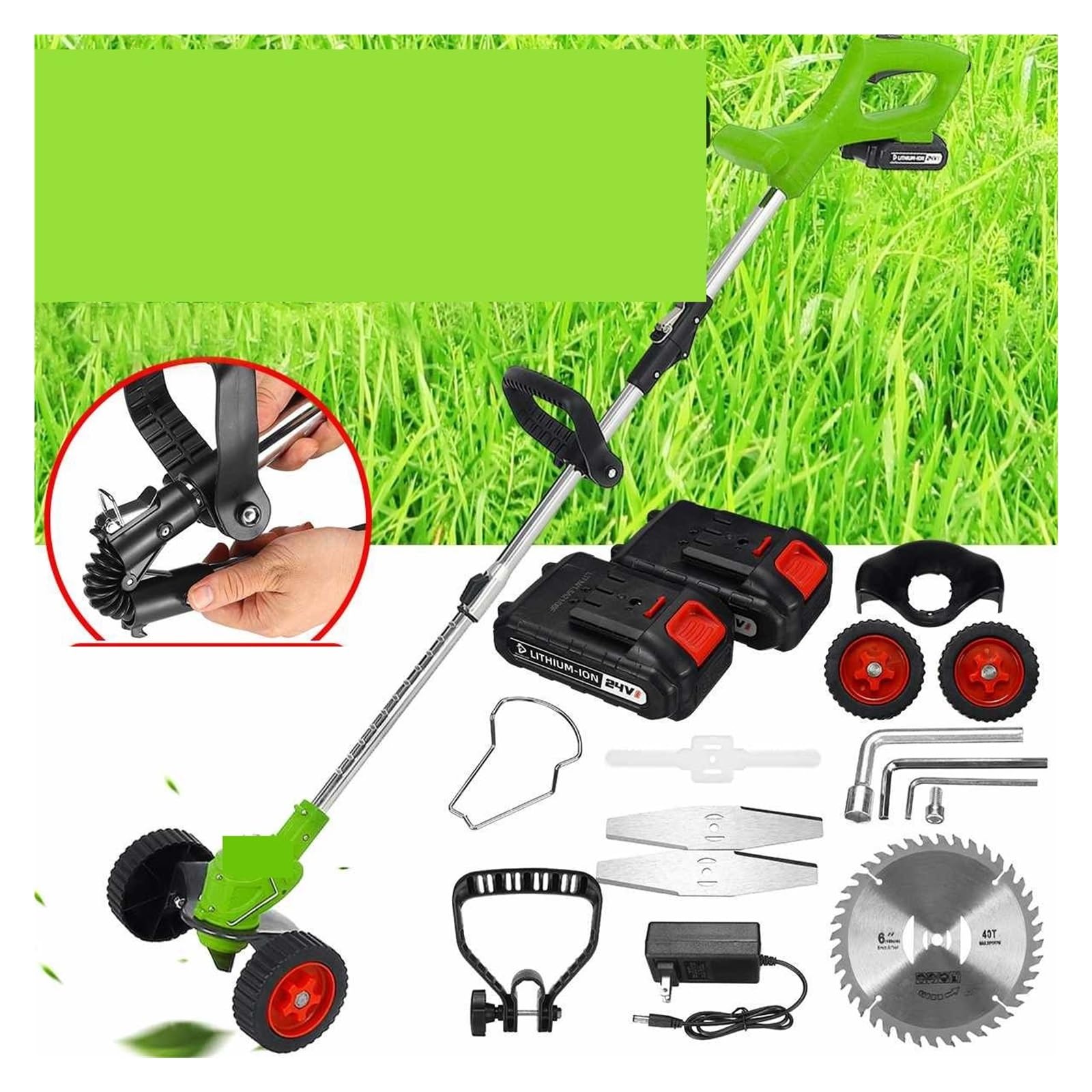 Cortasetos, Recortadora de césped eléctrica Plegable 21V 1800W Cortacésped portátil inalámbrico Herramientas de poda de jardín con batería de 2 Piezas amp; Ruedas(Red 2Battery)