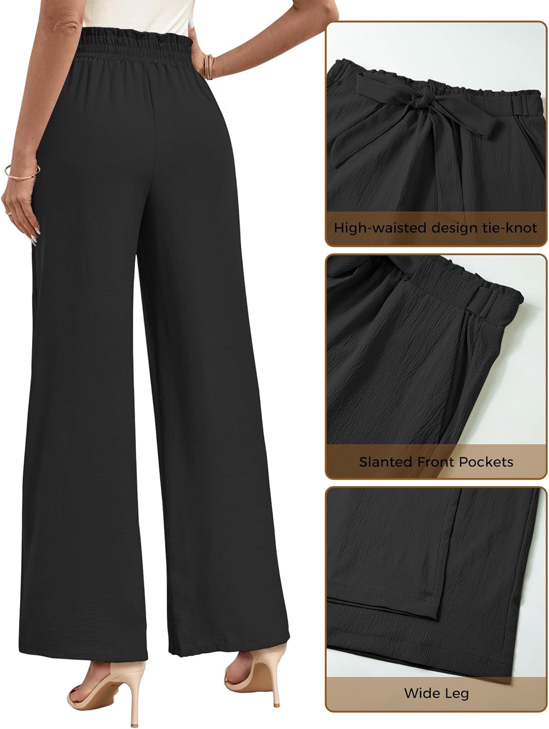 Buauty Wide Leg Palazzo Pants Woman with Pockets High Waist Pant Adjustable Knot Loose Trousers Business Casual Work Pants Black - Image 4