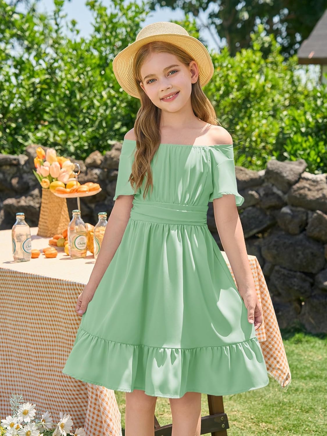 Haloumoning Girls Ruffle Short Sleeve Tie Back Dress Kids Summer Off Shoulder A-line Dresses 5-14 Years - Image 2