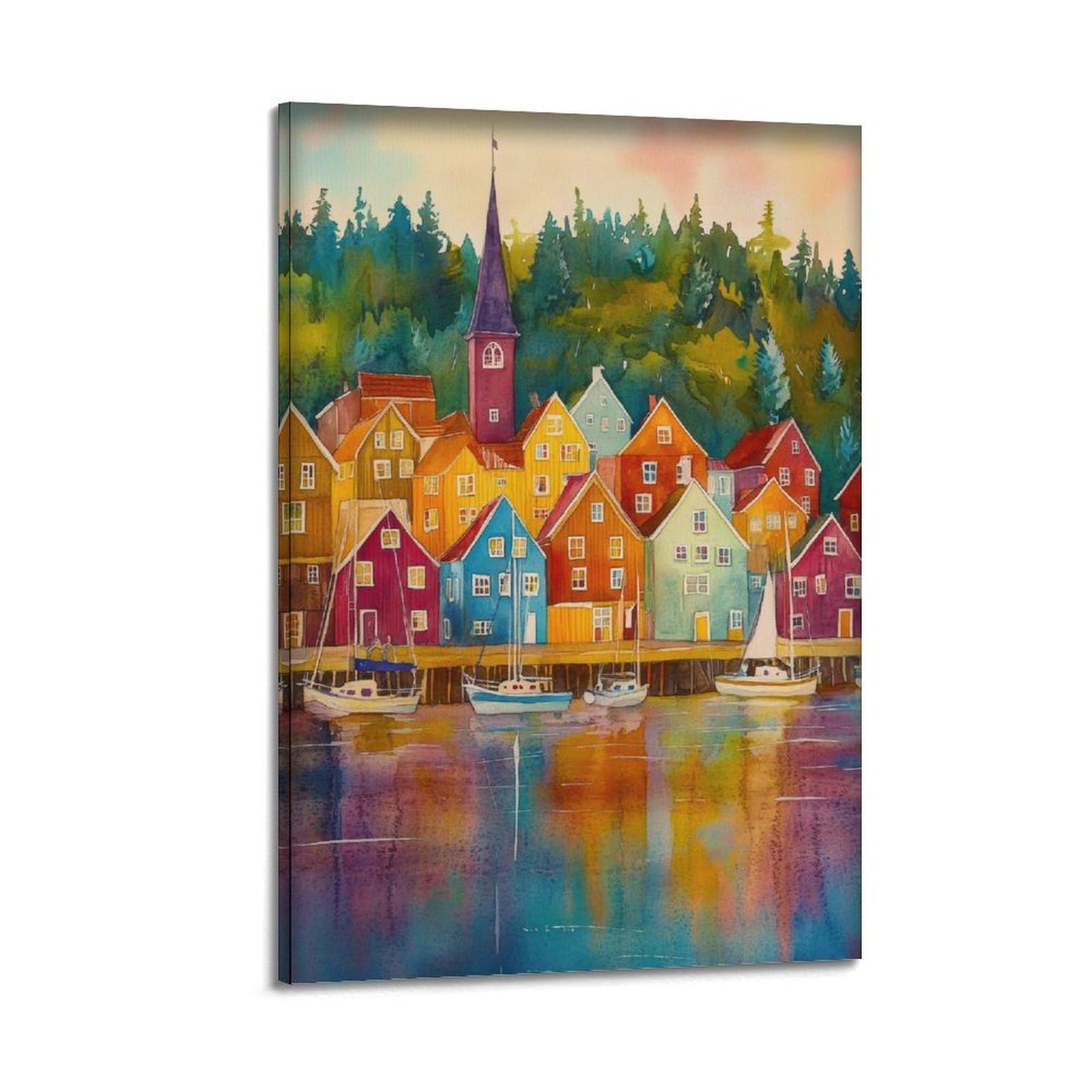 xiaoxiaoshen Bergen Travel Norway Scandinavian City Bryggen Harbour 0 Canvas Poster Wall Art Prints Room Aesthetic Murals Bedroom And Living Decorations 12x18inch(30x45cm)
