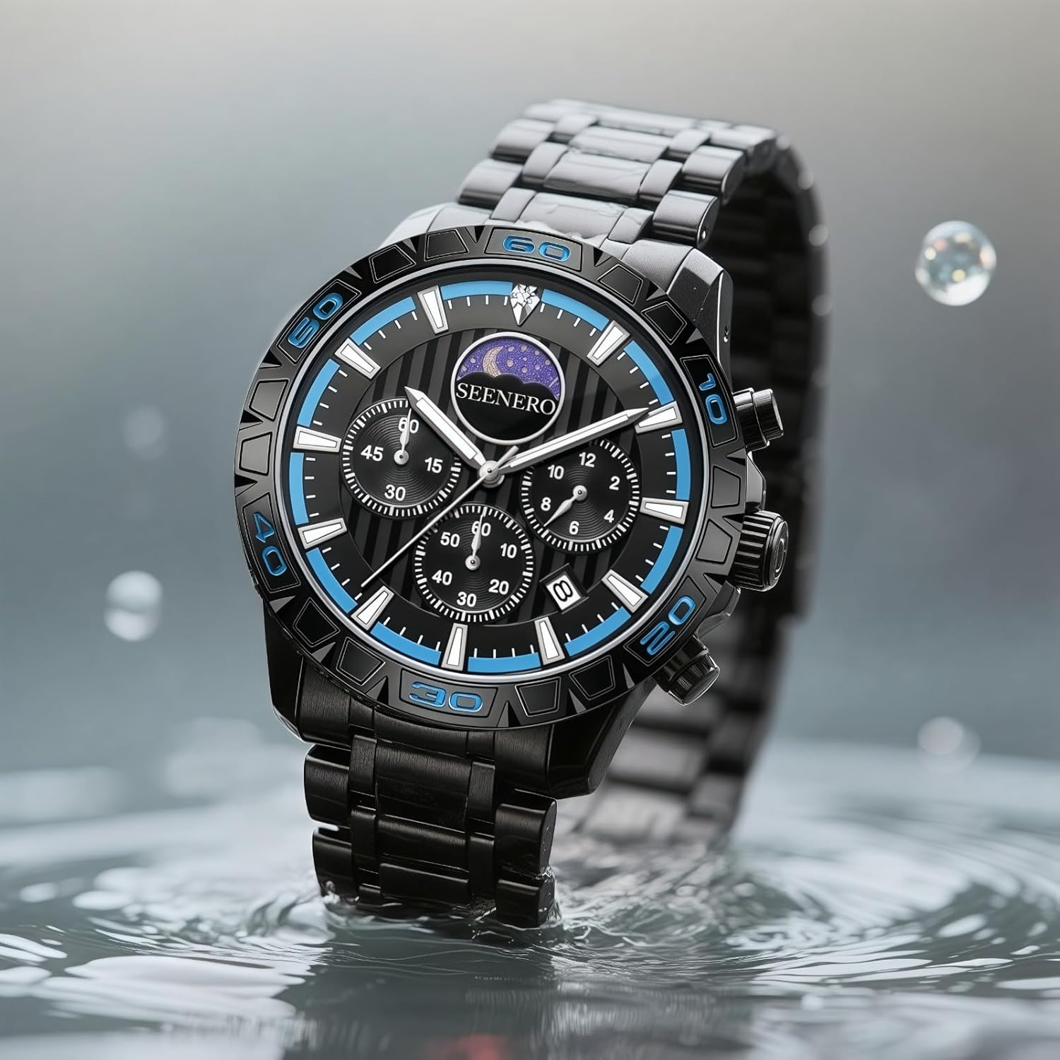 Watches for Men Luxury Stainless Steel Quartz Sports Fashion Dress Chronograph 3ATM Waterproof Watch with Moonphase Luminous Dial Perfect Mens Gifts Available in Black/Blue Or Silver/Blue - Image 8