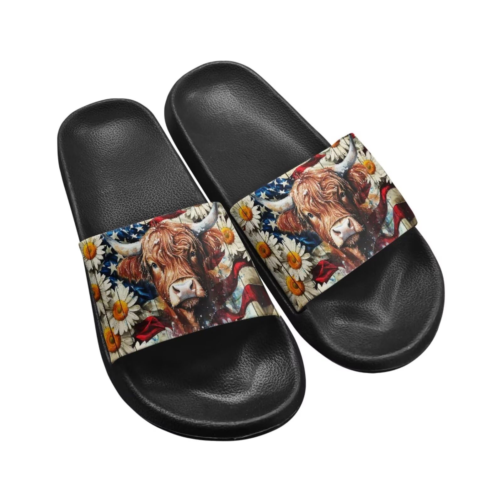 Jeiento Highland Cow American Flag Slide Shower Shoes Non Slip Thick Cushion Mens Sandals Slip On Beach Water Shoes Quick Drying Comfy Walking Travel Shoes,Size 8