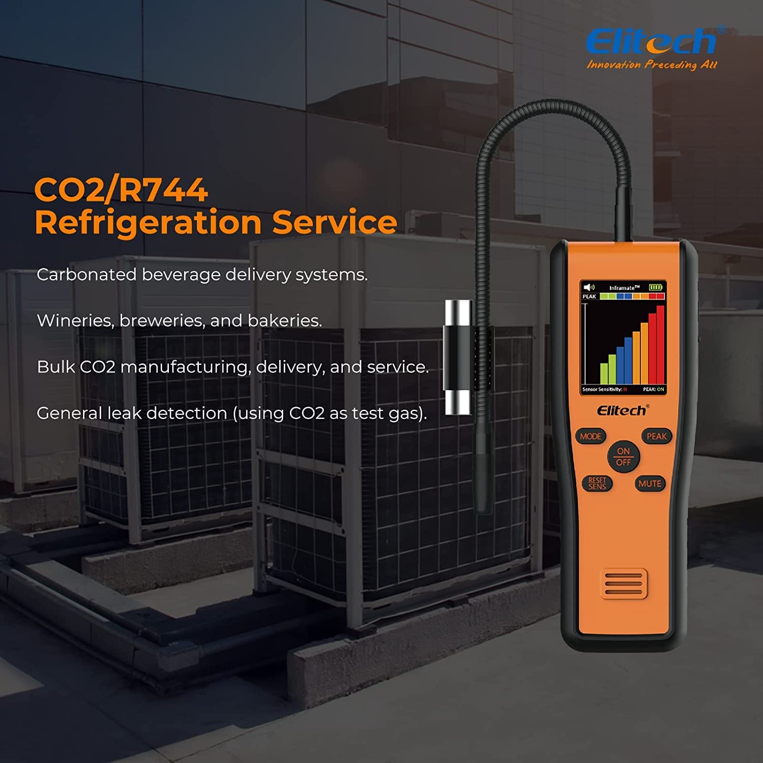 Elitech Détecteur de réfrigérant CO₂ Infrarouge - Moniteur de dioxyde de Carbone Portable Haute précision pour systèmes HVAC avec écran LCD et Alarme