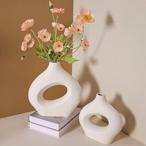 Miniatura 2 de Juego de 2 jarrones de cerámica, decoración moderna del hogar, jarrones redondos blancos, jarrones de flores frescas y secas, decoración bohemia