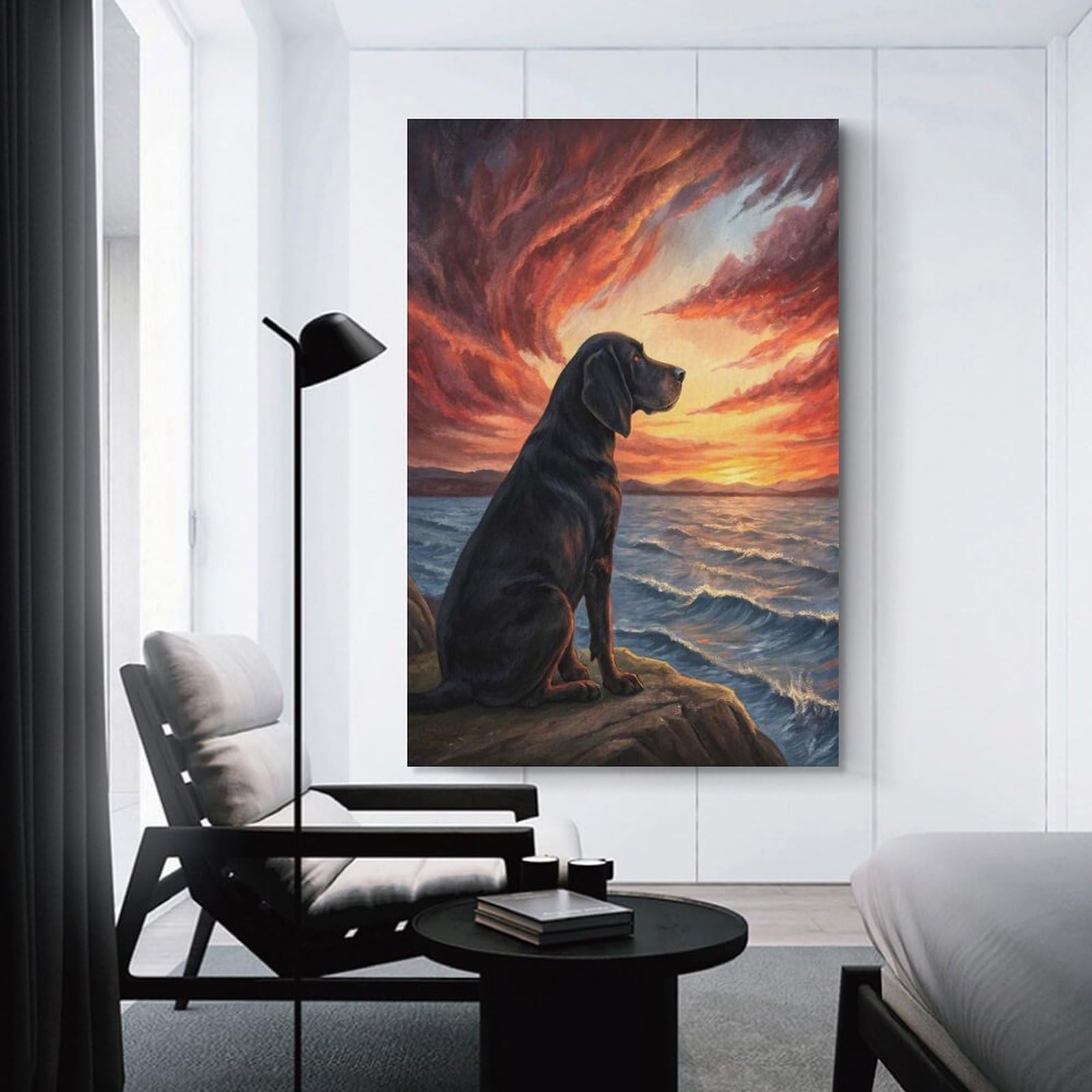 Junmoney Black Dog Watching A Dramatic Sunset Home Decor Wall Art, 24x36inch(60x90cm), for Home, Office, Studio Or Guest Room, An Adaptable Decor Piece for Home Use