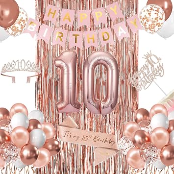 10th Birthday Decorations for Girls, Happy 10th Birthday Banner Cake Topper Balloons Sash and Crown, Rose Gold 10 Year Old Party Decorations