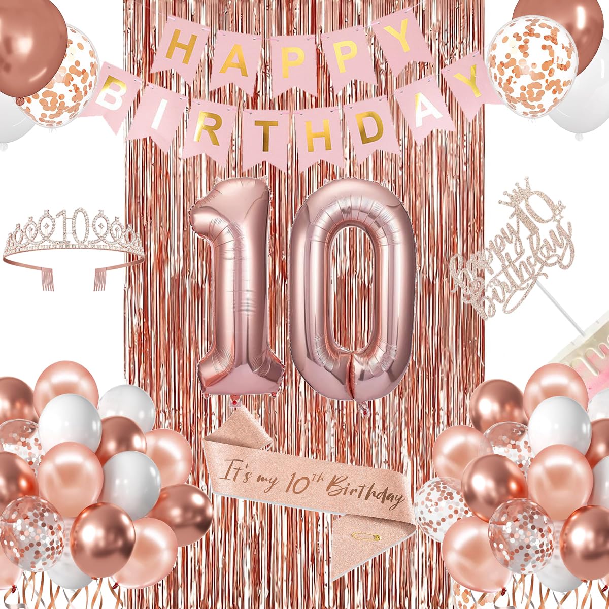 10th Birthday Decorations for Girls, Happy 10th Birthday Banner Cake Topper Balloons Sash and Crown, Rose Gold 10 Year Old Party Decorations
