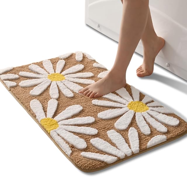 QJHOMO Brown Rugs salle de bain Mignon Daisy Baignoire Decor blanc et jaune Rug Non Slip Sol Tapis Microfibre Baignoir Super Absorbant Machine Lavable Baignoirs Mats pour la douche (16x24 de pouce)