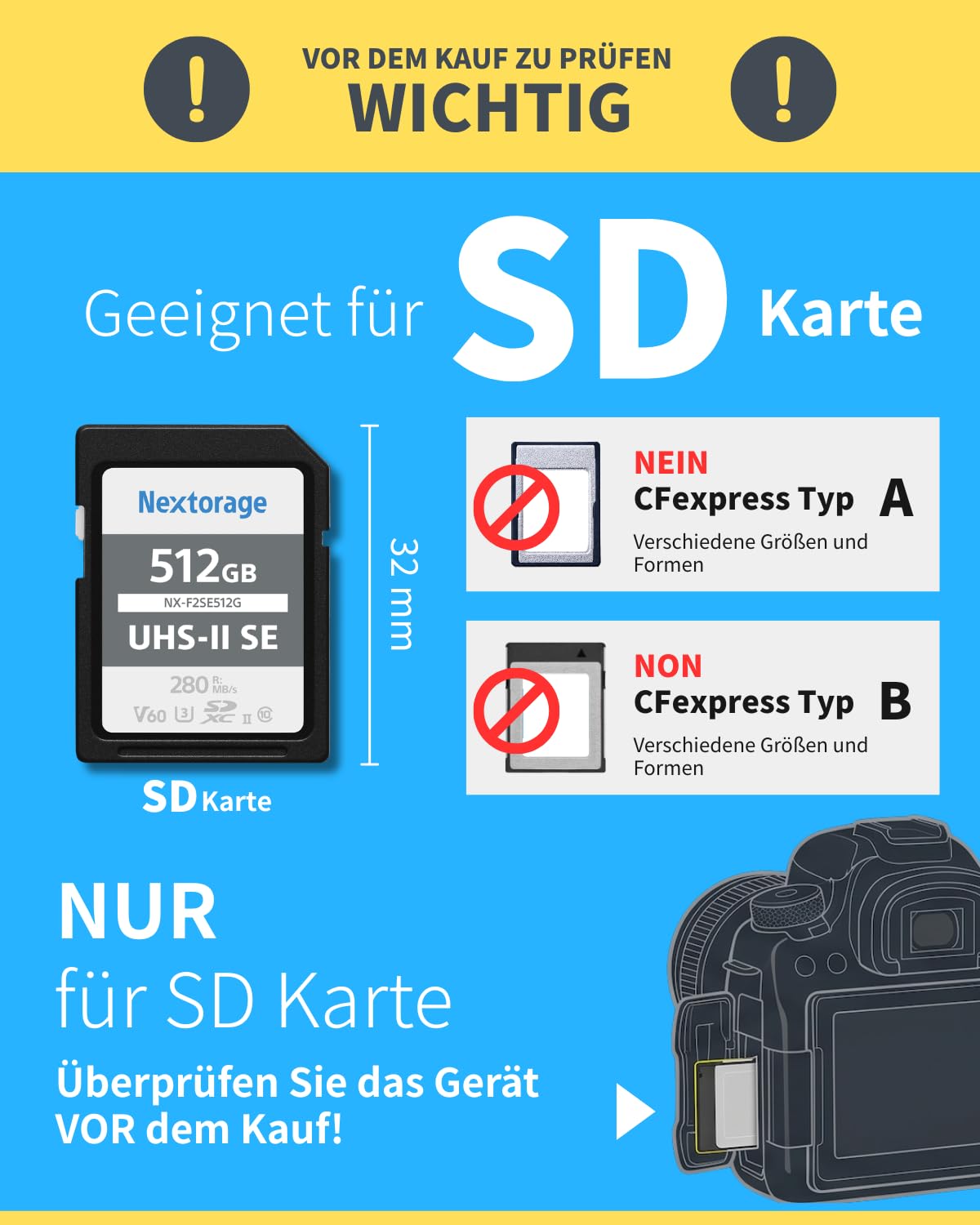 Nextorage Japanischer Hersteller UHS-II SD Karte 256GB SDXC V60 Maximale Lesegeschwindigkeit 280MB/s Maximale Schreibgeschwindigkeit 170MB/s 4K Aufnahme NX-F2SE256G Speicherkarte