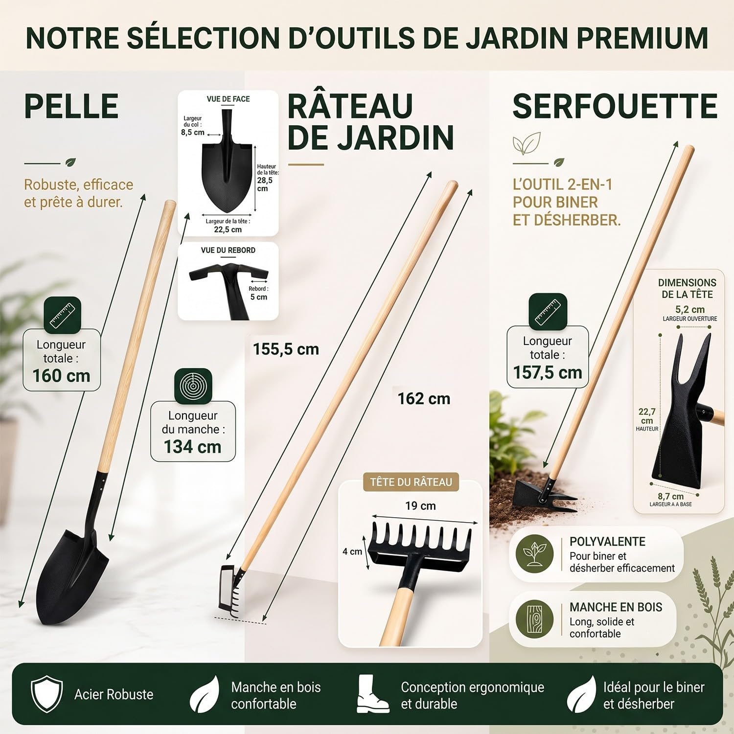 Mon Mobilier Design OGROD Lot d'outils de Jardinage Pelle bêche + râteau + serfouette Panne et Fourche