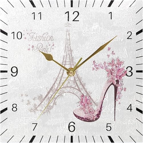 Miniatura 5 de ALAZA Reloj de pared cuadrado de 7.9 pulgadas con diseño de mariposa de la Torre Eiffel de París, Francia, reloj de pared cuadrado con pilas, sin