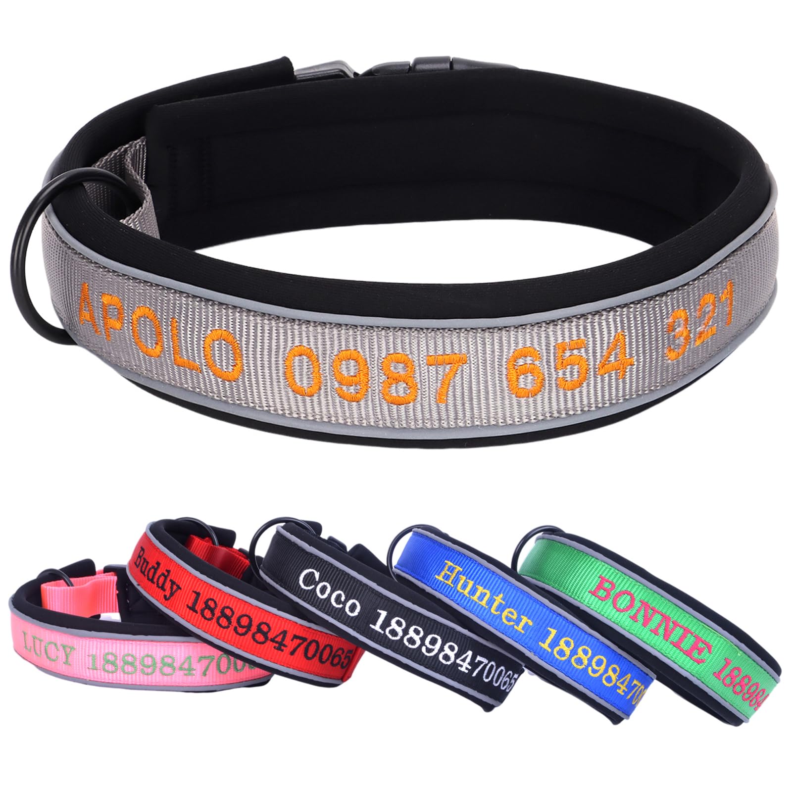 Adjustable Reflective Personalised Thick Dog Collar 1.6 Inch 4 CM Wide with Quick Release Buckle Soft Neoprene Padded Custom Embroidered Pet Name Phone Number for Boy Girl Small Medium Large Dogs