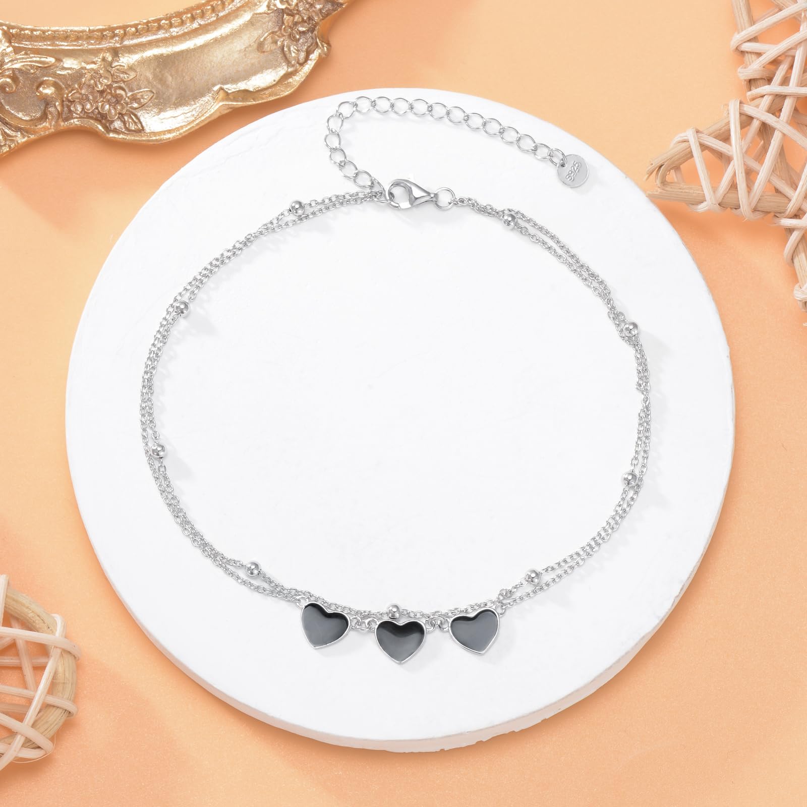 YFN Cavigliera a forma di cuore in argento Sterling 925 a strati cavigliera nero cuore caviglia bracciali per le donne regolabili spiaggia donne cavigliere gioielli regali, 27.94 centimeters, Argento
