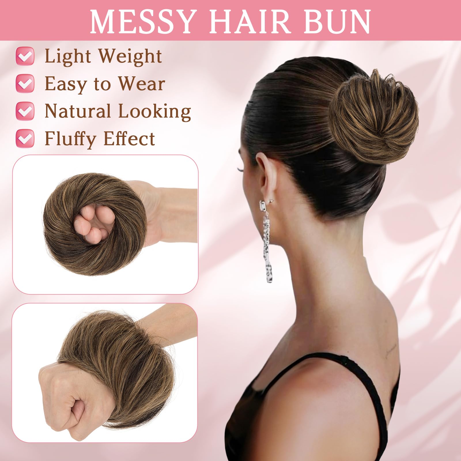 Benehair Real Hair Scrunchies for Women Straight Human Hair Bun #1B/6 Natural Black Mix Light Brown Elastic Donut Chignons Ponytail Extension Easy to Wear for Busy Daily 17g - Image 2