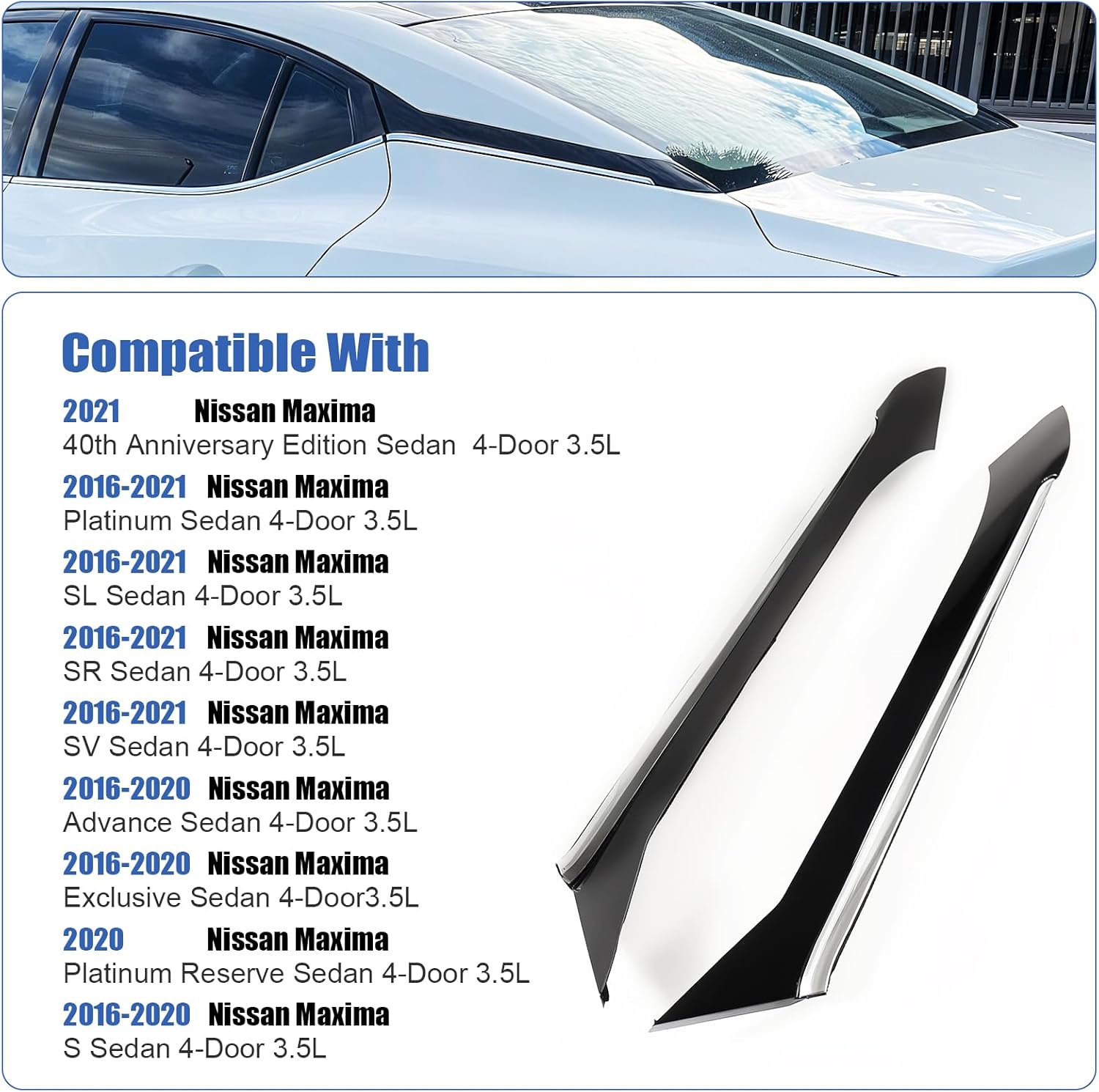 2PCS C- Pillar Trim Molding Compatible with Nissan Maxima 2016 2017 2018 2019 2020 2021 Left & Right Side Rear Pillar Molding Trim Replace 78872-9DD0A 78872-9DJ1A 78873-9DD0A 78873-9DJ1A