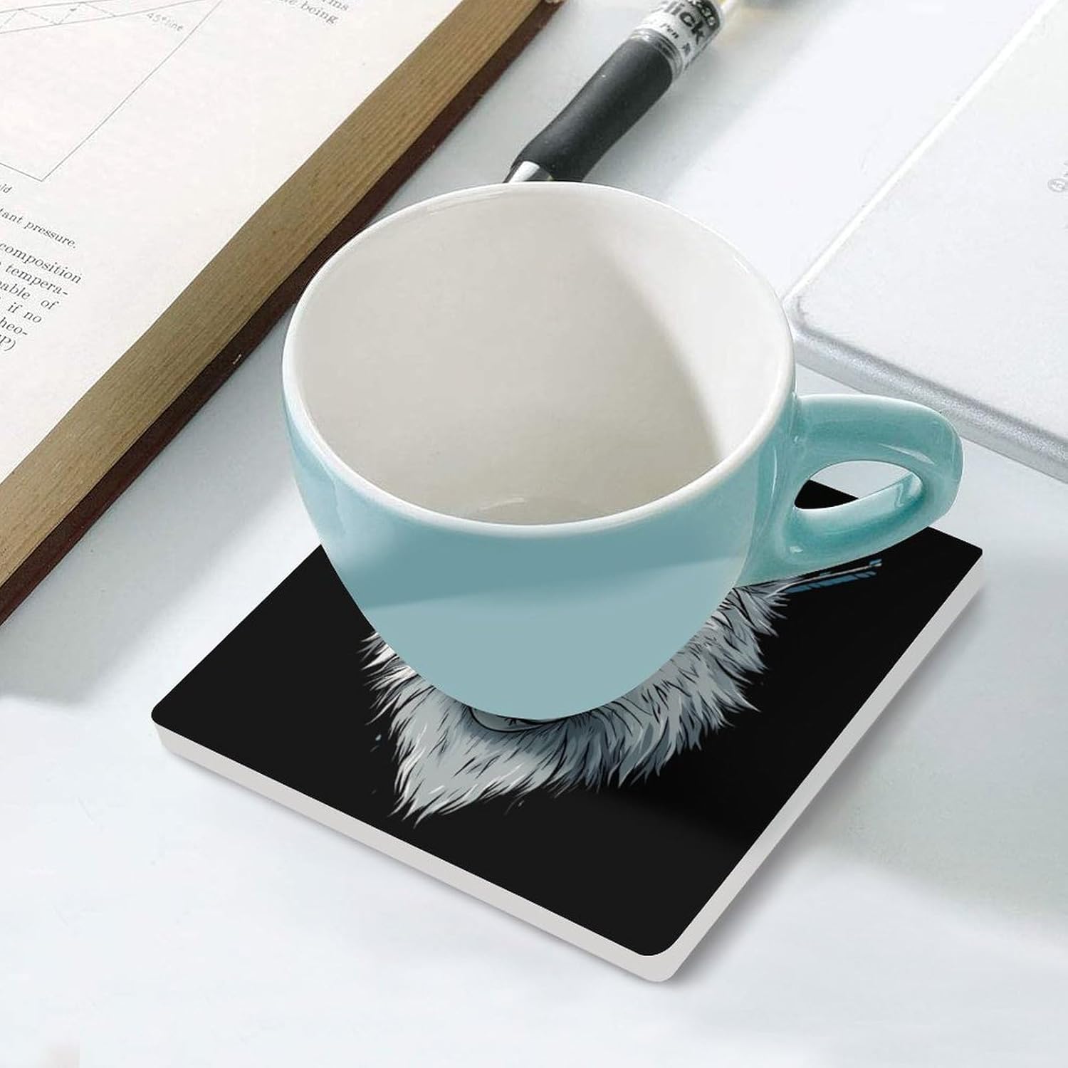Wolf with an Eye Patch Funny Ceramic Coasters for Drinks Absorbent Cup Holder Tabletop Protector with Cork Base